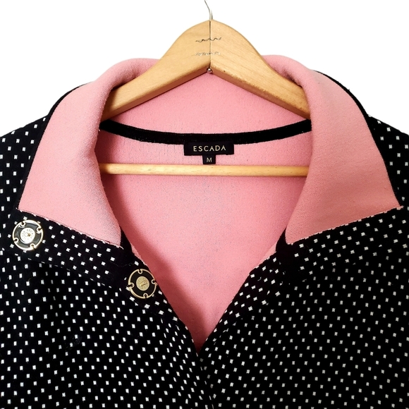 Escada Winter Fall Cardigan Medium M Square Dot Print Hidden Snaps Pink Collar - Picture 2 of 13
